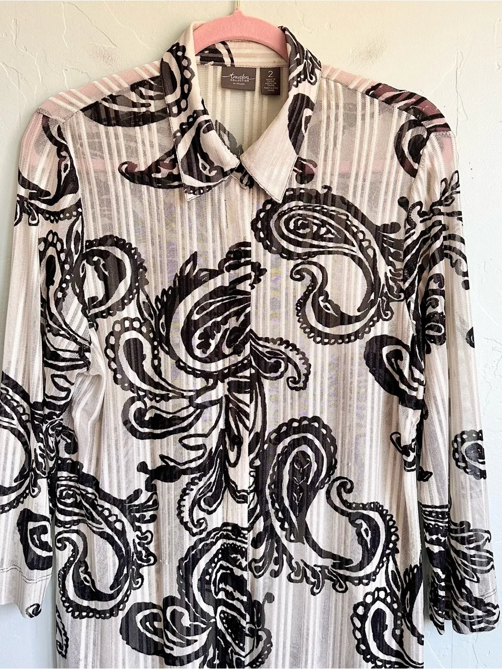 Chico's Women Artsy Black White Paisley Button-Front Long Sheer Tunic Top Blouse
